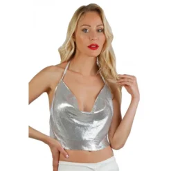Bauchfreies Damen Party Neckholder-Top Aus Metall Silber
