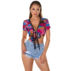 Bauchfreies Damen Sommer Wickeltop Mit Fantasy-Print Schwarz