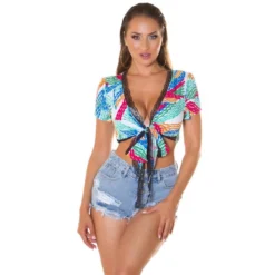 Bauchfreies Damen Sommer Wickeltop Mit Fantasy-Print Weiß