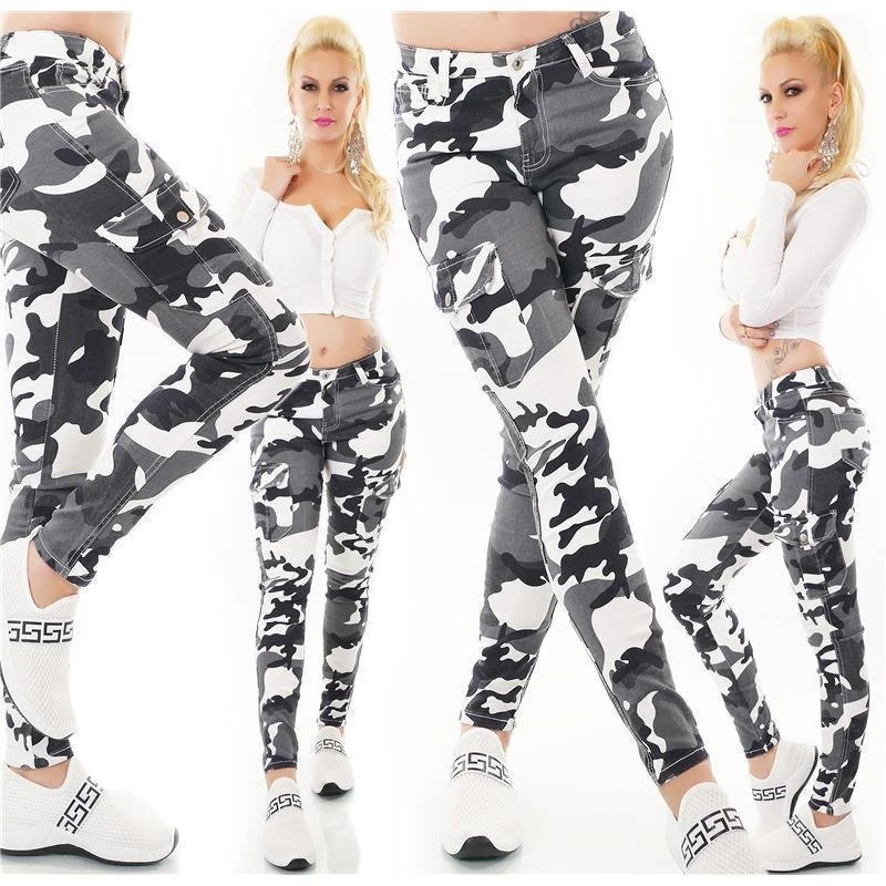 Damen Army-Look Röhrenjeans Cargo Camouflage Grau 1 Damen Army-Look Röhrenjeans Cargo Camouflage Grau