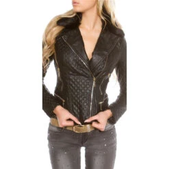 Damen Biker-Jacke Aus Lederimitat Mit Kunstfell Schwarz