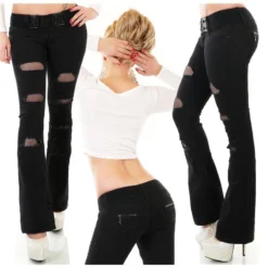 Damen Bootcut Jeans Mit Netz & Gürtel Destroyed-Look Schwarz