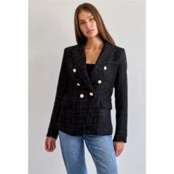 Titelseite 14 Damen Bouclé Blazer Jacke Mit Goldenen Knöpfen Schwarz