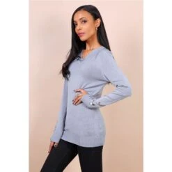 Damen Feinstrick-Longpullover Mit Goldfarbenen Knöpfen Grau