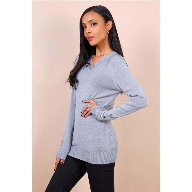 Damen Feinstrick-Longpullover Mit Goldfarbenen Knöpfen Grau 1 Damen Feinstrick-Longpullover Mit Goldfarbenen Knöpfen Grau