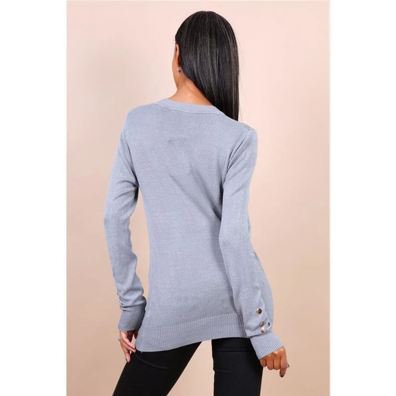 Damen Feinstrick-Longpullover Mit Goldfarbenen Knöpfen Grau 2 Damen Feinstrick-Longpullover Mit Goldfarbenen Knöpfen Grau – Bild 2