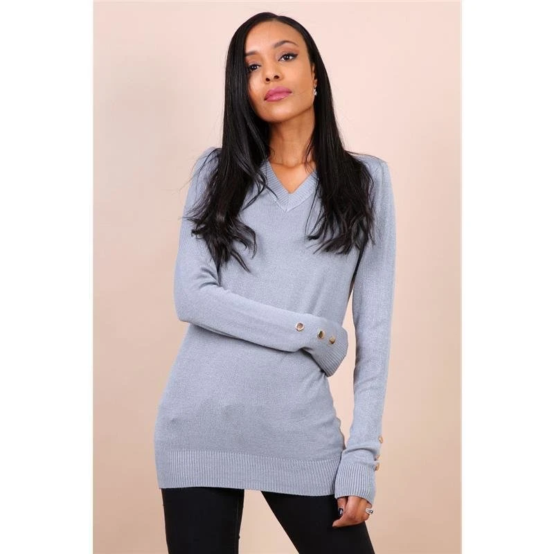 Damen Feinstrick-Longpullover Mit Goldfarbenen Knöpfen Grau 3 Damen Feinstrick-Longpullover Mit Goldfarbenen Knöpfen Grau – Bild 3