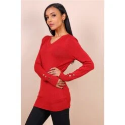 Damen Feinstrick-Longpullover Mit Goldfarbenen Knöpfen Rot