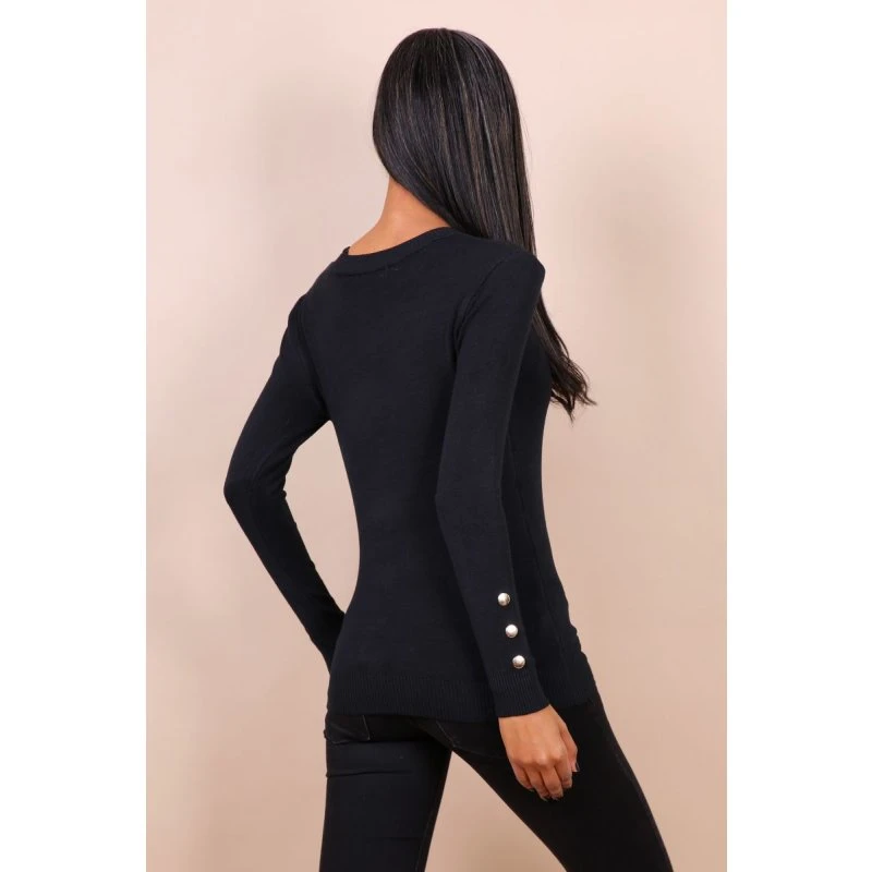 Damen Feinstrick-Longpullover Mit Goldfarbenen Knöpfen Schwarz 3 Damen Feinstrick-Longpullover Mit Goldfarbenen Knöpfen Schwarz – Bild 3