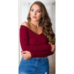 Damen Rippstrick Pullover Mit V-Ausschnitt Bordeaux