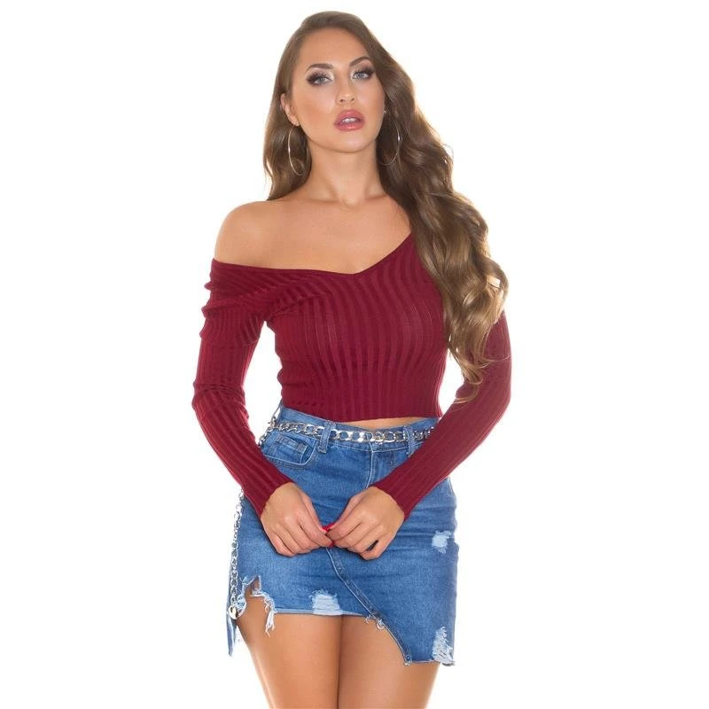 Damen Rippstrick Pullover Mit V-Ausschnitt Bordeaux 3 Damen Rippstrick Pullover Mit V-Ausschnitt Bordeaux – Bild 3