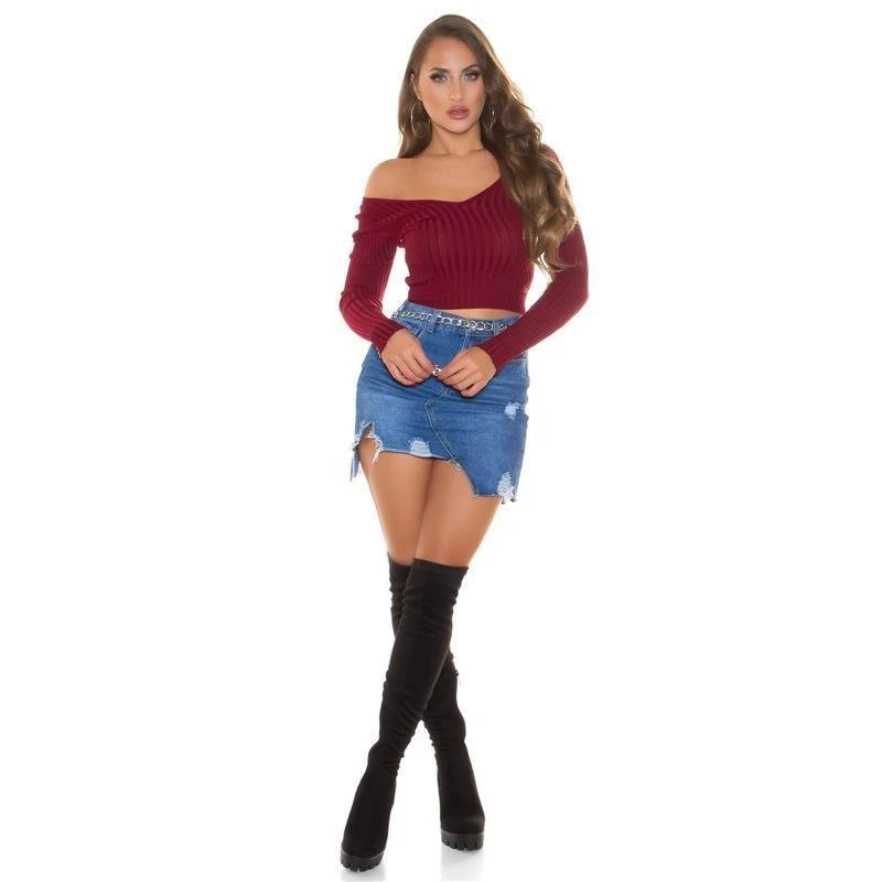 Damen Rippstrick Pullover Mit V-Ausschnitt Bordeaux 5 Damen Rippstrick Pullover Mit V-Ausschnitt Bordeaux – Bild 5