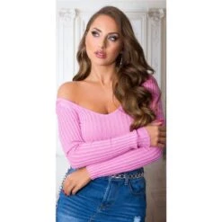 Damen Rippstrick Pullover Mit V-Ausschnitt Rosa