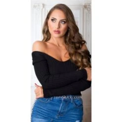 Damen Rippstrick Pullover Mit V-Ausschnitt Schwarz