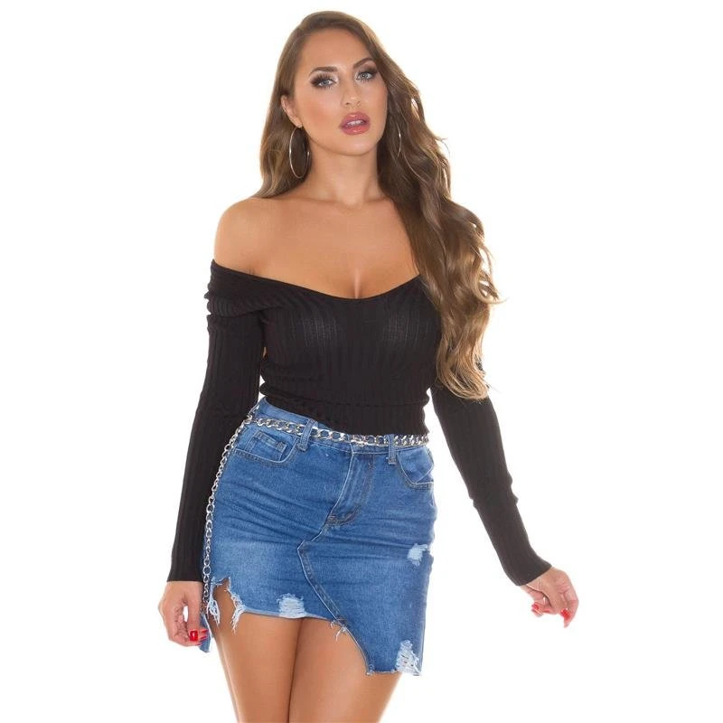 Damen Rippstrick Pullover Mit V-Ausschnitt Schwarz 3 Damen Rippstrick Pullover Mit V-Ausschnitt Schwarz – Bild 3