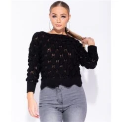 Damen Strickpullover Mit Muschelsaum Grobstrick Schwarz
