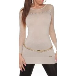 Edler Damen Feinstrick-Pullover Longpulli Mit Spitze Beige