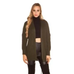 Elegante Damen Strickjacke Cardigan Mit Schnürungen Khaki