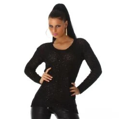 Eleganter Strick Pullover Mit Chiffon Und Pailletten Schwarz