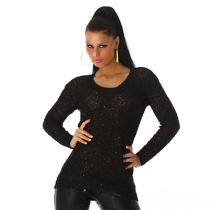 Eleganter Strick Pullover Mit Chiffon Und Pailletten Schwarz 1 Eleganter Strick Pullover Mit Chiffon Und Pailletten Schwarz
