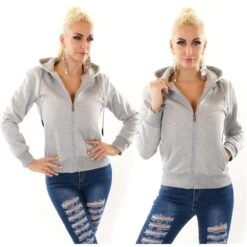 Gefütterte Damen Sweatjacke Mit Kapuze Hellgrau