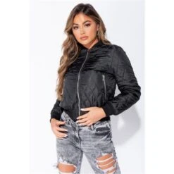 Gesteppte Damen Bomberjacke Blouson Diamond Quilt Schwarz