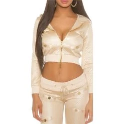 Titelseite 22 Gesteppte Damen Kapuzenjacke Sweatjacke In Glanz-Look Beige