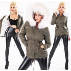 Titelseite 12 Kurzer Damen Parka Mantel Winterjacke Mit Kunstfell Olivgrün