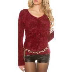 Kuschelweicher Damen Effektgarn Pullover V-Ausschnitt Bordeaux