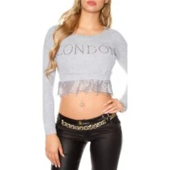 Sexy Bauchfreier Damen Pullover "LONDON" Mit Spitze Grau