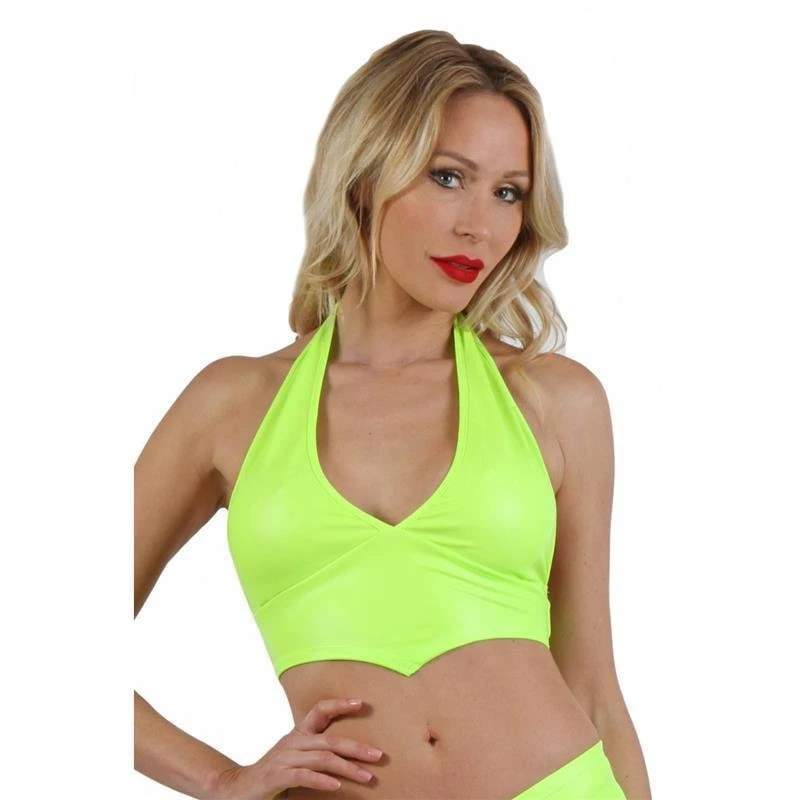 Sexy Damen Neckholder Crop Top Wetlook Clubwear Neon Grün 1 Sexy Damen Neckholder Crop Top Wetlook Clubwear Neon Grün