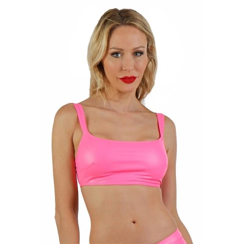 Sexy Damen Träger Crop Top In Wetlook Clubwear Neon Pink 1 Sexy Damen Träger Crop Top In Wetlook Clubwear Neon Pink