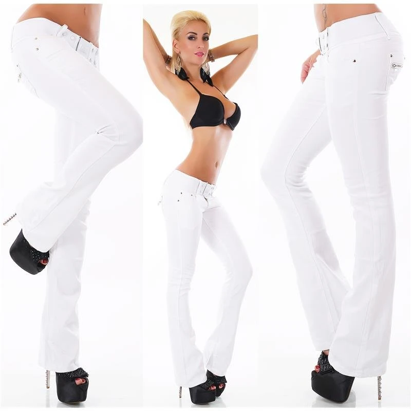 Trendige Damen Bootcut Jeans Mit Button-Fly Inkl. Gürtel Weiß 1 Trendige Damen Bootcut Jeans Mit Button-Fly Inkl. Gürtel Weiß