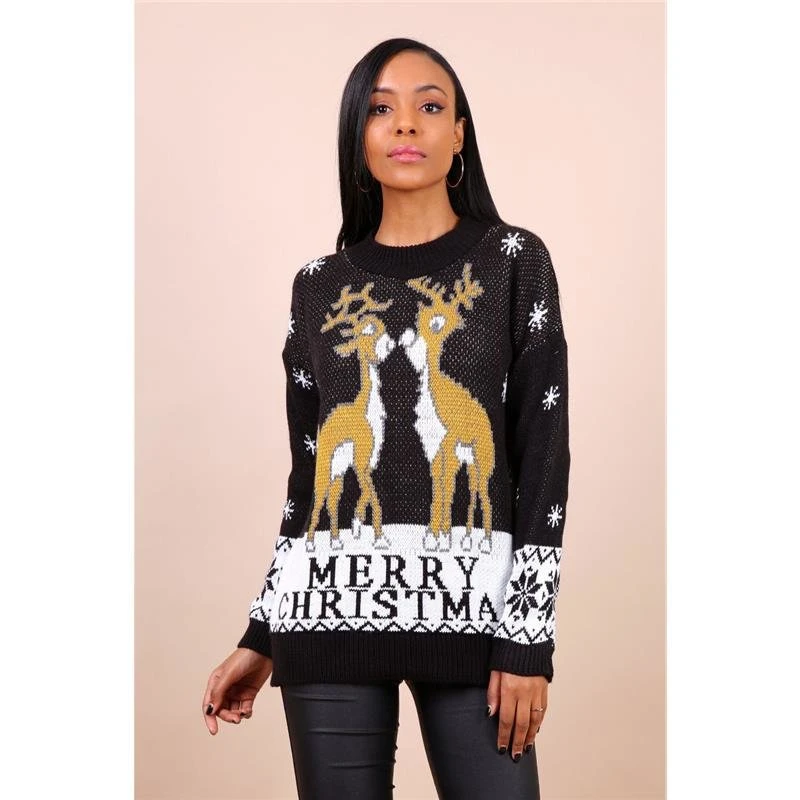 Trendiger Damen Strickpullover Weihnachten Schwarz 1 Trendiger Damen Strickpullover Weihnachten Schwarz
